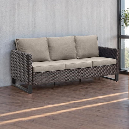 Rilyson Wicker Outdoor Couch Patio Sofa - 3 Seater Rattan Outdoor Patio Couch with Waterproof Wicker,Comfortable Cushions and Sturdy Metal Frame for Outside Porch Deck Backyard(Brown/Grey)