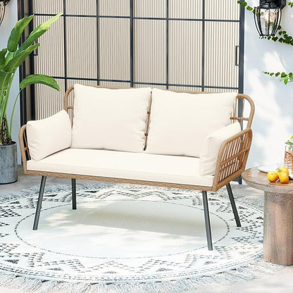 HAPPYGRILL Patio Loveseat Sofa Rattan Wicker 2-Seater Couch with Cushions & Lumbar Pillows, Metal Legs, Outdoor Furniture for Balcony, Porch, Deck (Off White)