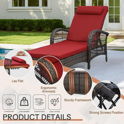 HOMEDIARY 2-Piece Outdoor Wicker Lounge Chairs with Cushion, Rattan Patio Chaise Loungers with 6-Level Backrest, All Weather Lay Flat Pool Sunbathing Recliner Chair, Armrest and Head Pillow, Red