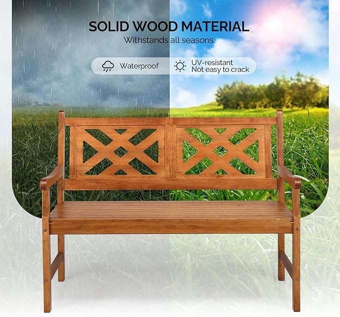 VINGLI 50" Outdoor Wood Bench, Weatehr Resistant Wooden Garden Patio Bench with Comfortable Backrest & Curved Armrest, 800lb Capacity Loveseat for Front Porch Park Yard Deck (Natural, Geometric)