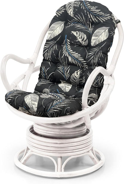 Wickerix Java Lounge Swivel Rocking Chair with Floral Cushion Natural Rattan Wicker Handmade, White Color