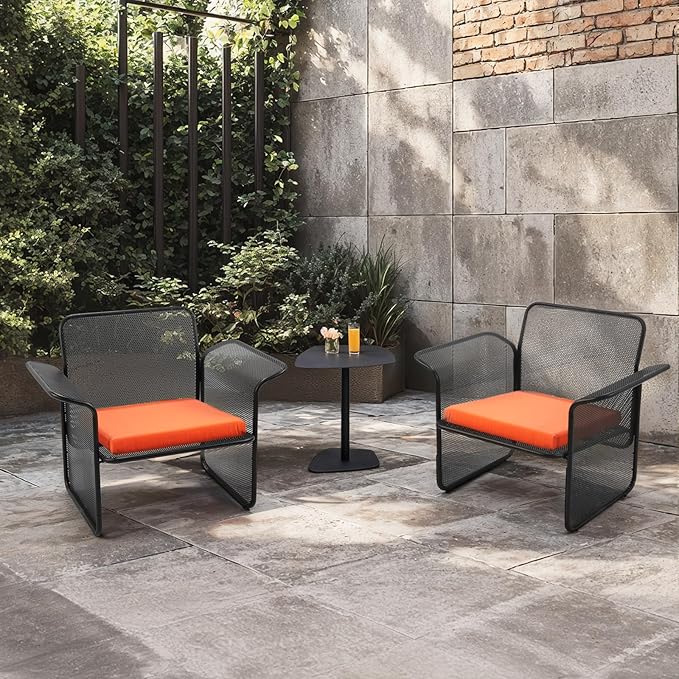 LOKKHAN Modern Outdoor Loveseat Mesh Bench Black Metal Frame with Orange Water-Resistant Cushion, 27.6H x 24.6W x 23.9D Inches, Contemporary Minimalist Patio Lounge Chair, Single Seat