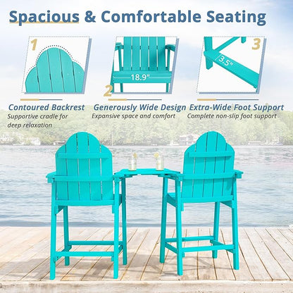 LUE BONA Tall Adirondack Chair Set of 2, All Weather HDPS Bar Height Adirondack Chair with Detachable Table & Umbrella Hole, Adirondack Barstools for Patio, Deck, Backyard & Commercial Use Aruba Blue