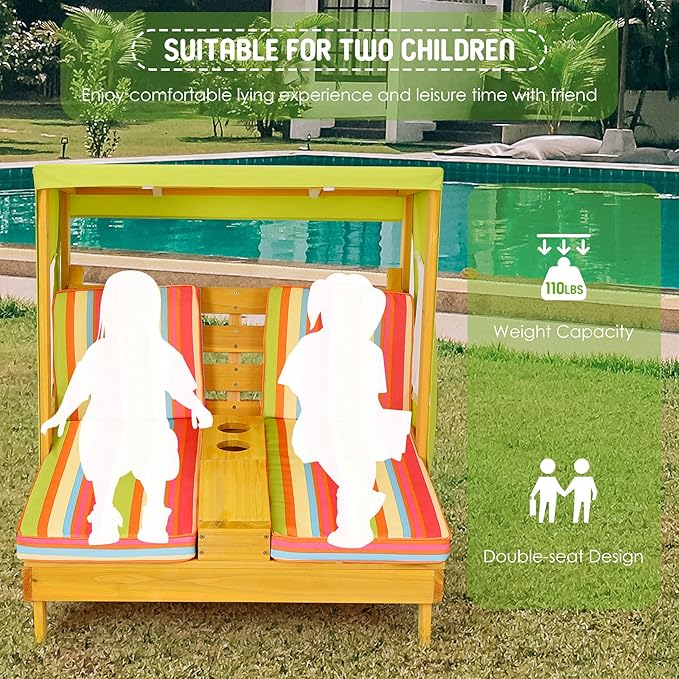 COSTWAY Kids Double Chaise Lounge Outdoor, 2-Seat Patio Lounge Chair with Cup Holders & Cushions, Kids Beach Chair with Canopy, Wood Patio Furniture for Children Boys Girls 3-8 Year Old