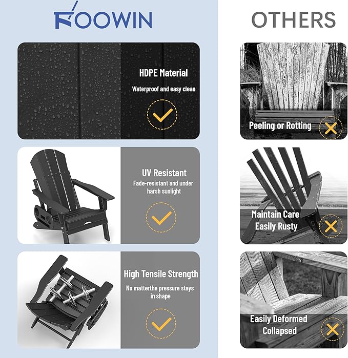 FOOWIN Adirondack Chair with Retractable Ottoman,HDPE Folding Adjustable Adirondack Chair w/4 in 1 Cup Holder Trays,All-Weather Resistant Fire Pit Chair for Outdoor Patio Lawn Set of 8