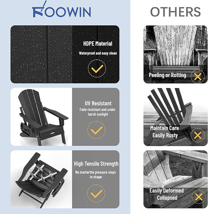 FOOWIN Adirondack Chair with Retractable Ottoman,HDPE Folding Adjustable Adirondack Chair w/4 in 1 Cup Holder Trays,All-Weather Resistant Fire Pit Chair for Outdoor Patio Lawn Set of 8