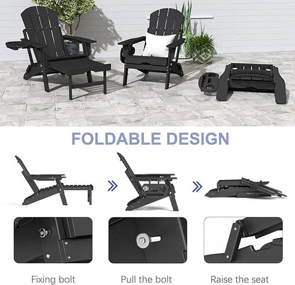 FOOWIN Adirondack Chair with Retractable Ottoman,HDPE Folding Adjustable Adirondack Chair w/4 in 1 Cup Holder Trays,All-Weather Resistant Fire Pit Chair for Outdoor Patio Lawn Set of 6