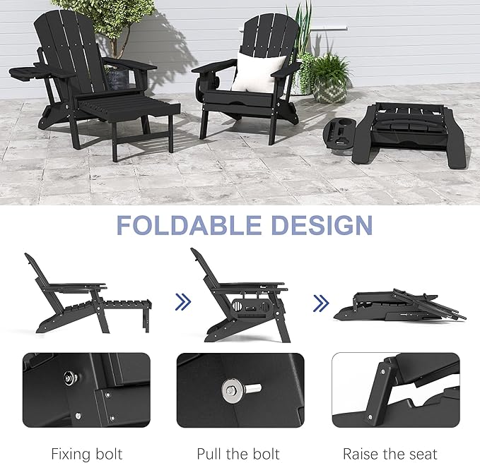 FOOWIN Adirondack Chair with Retractable Ottoman,HDPE Folding Adjustable Adirondack Chair w/4 in 1 Cup Holder Trays,All-Weather Resistant Fire Pit Chair for Outdoor Patio Lawn Set of 8