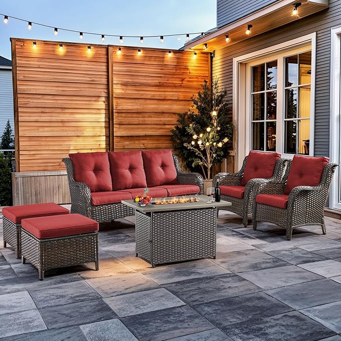 HUMMUH 6 Pieces Patio Furniture Set with Fire Pit Table High Back Outdoor Conversation Set Wicker Patio Couch Outdoor - Photo 1
