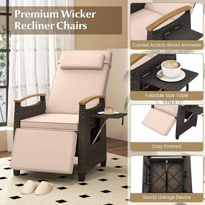 Tangkula Patio Wicker Recliner Chair, Rattan Lounge Chair w/Adjustable Backrest & Footrest, Flip Side Table, Push Back Reclining Seat w/Cushion for Backyard, Porch, Lawn (2, Beige)