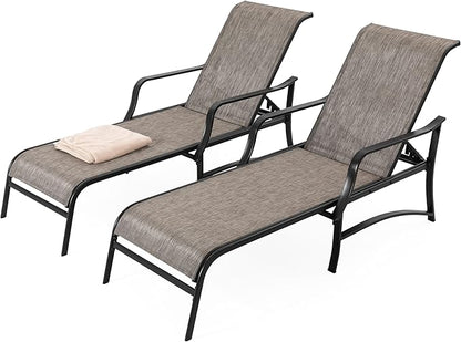 NUU GARDEN Textilene Metal Outdoor Lounge Chairs Set of 2, Adjustable 5-Position Recliner, All-Weather Patio Chaise for Pool, Backyard, Lawn, Beach, Sunbathing–Black Brown
