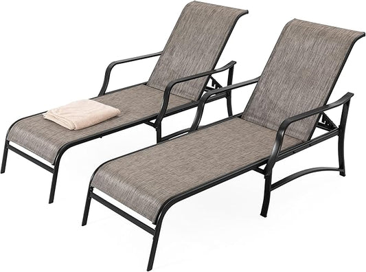 NUU GARDEN Textilene Metal Outdoor Lounge Chairs Set of 2, Adjustable 5-Position Recliner, All-Weather Patio Chaise for Pool, Backyard, Lawn, Beach, Sunbathing–Black Brown