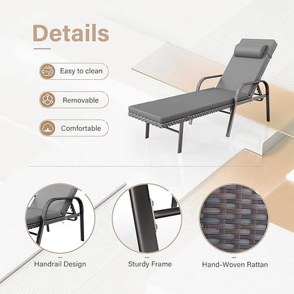 Kurapika Patio Chaise Lounge Set 3 Pieces Outdoor Lounge Chair, Rattan Reclining Chair Adjustable Backrest, Pool Sunbathing Recliners with Folding Table for Poolside Beach, Grey