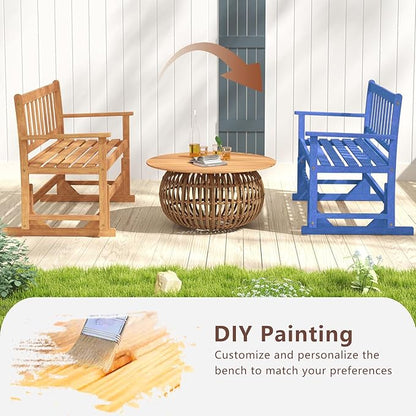 RELAX4LIFE 2-Person Outdoor Glider Bench - Acacia Wood Heavy Duty 800 LBS Double Swing Rocking Chair w/Slatted Seat, Backrest & Armrests, Loveseat Rocker for Porch Garden, 2-Seater Wooden Patio Glider
