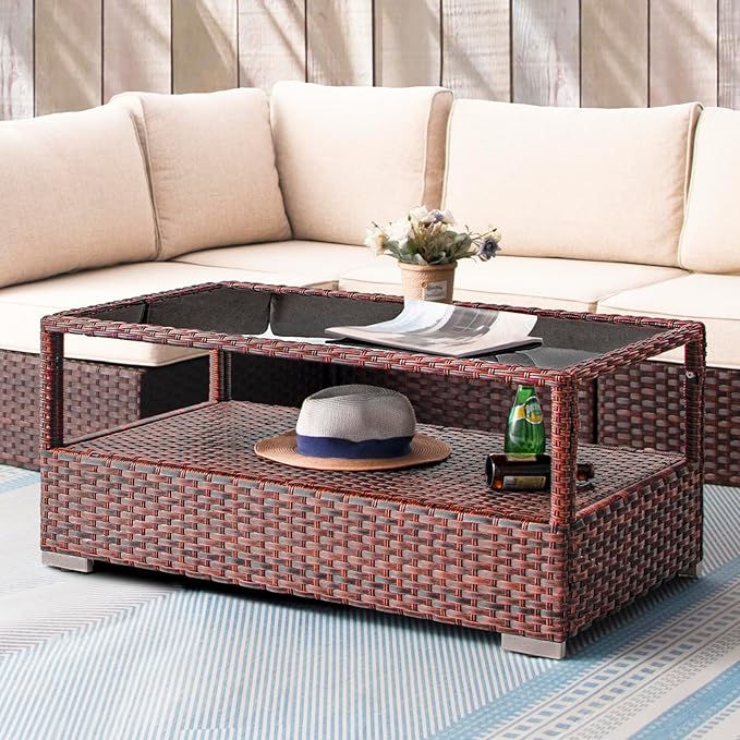 DIMAR GARDEN Outdoor Coffee Table Wicker Patio Rattan Side Table with Glass Top and Storage Shelf,40in Mixed Brown - Photo 1
