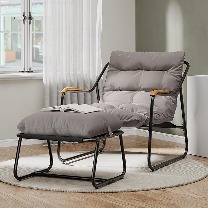 YITAHOME Patio Lounge Chair with Ottoman Set of 2, Oversized Papasan Chair with Soft Cushion, Indoor/Outdoor Textilene Lounge with Teak Wood Handrail and Footstool for Living Room, Porch, Backyard