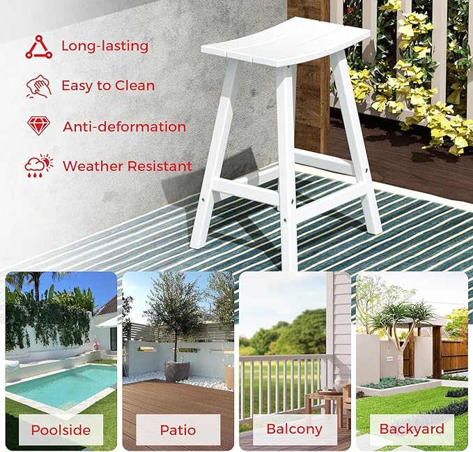 Costaelm All-Weather Bar Stools Set of 3, 24" Height Outdoor Bar Stools, Adirondack Poly Patio Bar Stool for Patio, Deck, Kitchen Counter and Garden,White