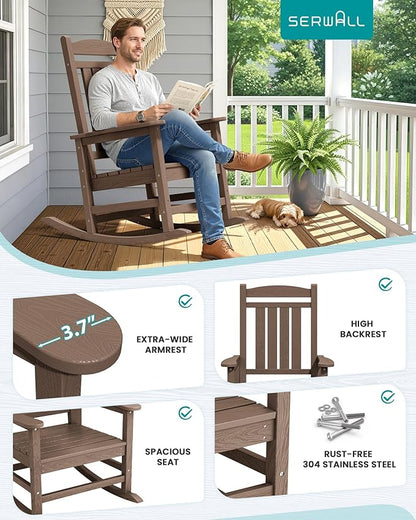 SERWALL HDPE Outdoor Rocking Chair Set of 4, Patio Rocking Chairs, All-Weather Porch Rockers for Adults, Brown