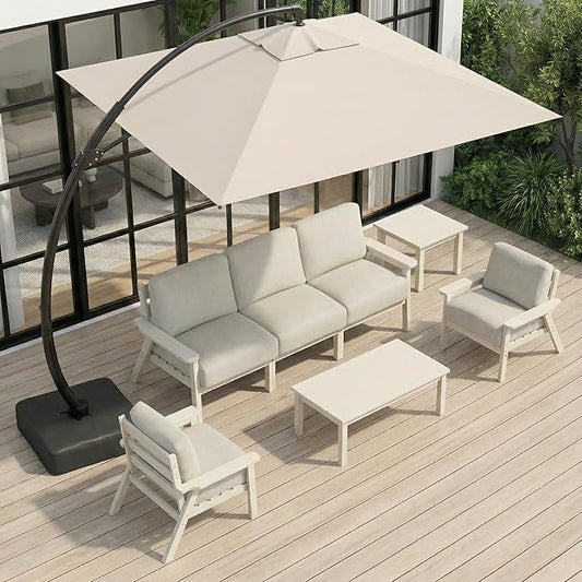 HDPE Patio Furniture Set with Cantilever Umbrella, Outdoor Couch with Washable Thick Beige Cushions & Tables, Outdoor Sectional Furniture for Deck, Lawn, Porch (White Frame)