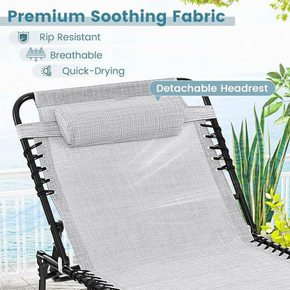 Goplus Chaise Lounge Chair Outdoor, Extra Large Folding 5-Postion Beach Lounger with Detachable Pillow, Side Pocket, Sunbathing Lounge Chair, Adjustable Tanning Chair for Patio Lawn Pool Yard