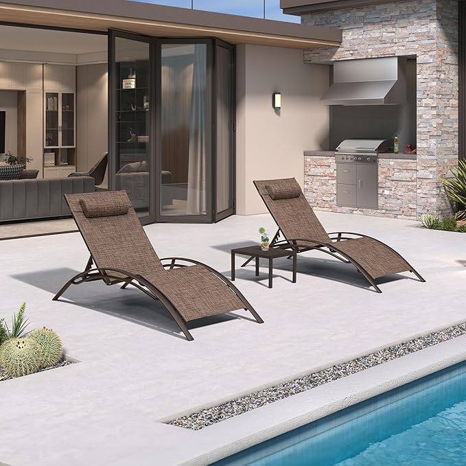 PURPLE LEAF Outdoor Oversized Chaise Lounge Chair Set of 3 Patio Pool Lounger Bronze Aluminum Chairs with Side Table Adjustable Tanning Recliner for Outside Backyard Yard Deck Balcony Beach Brown