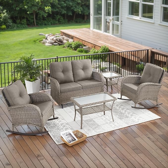 Belord 5 Piece Outdoor Conversation Patio Furniture Set - All-Weather Wicker Patio Rocking Chairs with Loveseat Glider Chair and Coffee Table for Patio Deck Porch Backyard Gray Wicker Gray Cushion