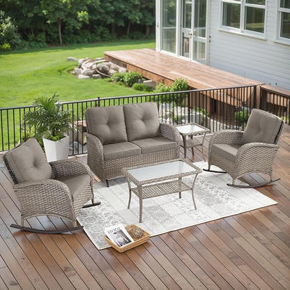 Belord 5 Piece Outdoor Conversation Patio Furniture Set - All-Weather Wicker Patio Rocking Chairs with Loveseat Glider Chair and Coffee Table for Patio Deck Porch Backyard Gray Wicker Gray Cushion