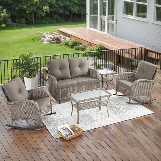 Belord 5 Piece Outdoor Conversation Patio Furniture Set - All-Weather Wicker Patio Rocking Chairs with Loveseat Glider Chair and Coffee Table for Patio Deck Porch Backyard Gray Wicker Gray Cushion
