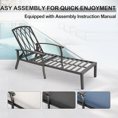 Chaise Lounge Chair Outdoor with Wheels, Cast Aluminum Tanning Chair with Grey Cushion, for Outside Beach Patio Pool Lawn with Adjustable 5 Position Recliner, 1 Pack