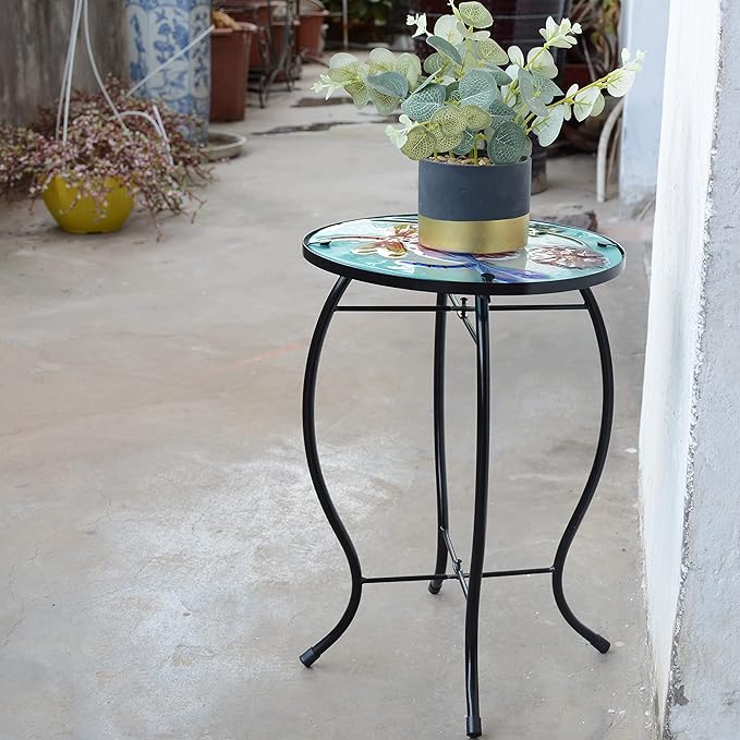 Round Dragonfly Glass Side Table, Patio Small Table, Outdoor Side Table, Outdoor Bar Table, Metal Glass End Table for Porch Garden Patio Pool Living Room