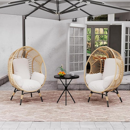 Oversized Wicker Egg Chair, Outdoor Indoor Rattan Patio Egg Lounge Chairs with Cushion 500lbs Capacity for Living Room, Balcony, Backyard (2 PCS, Beige-Regular)