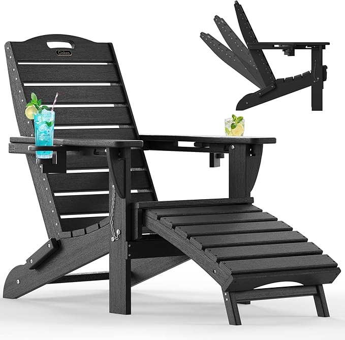 Ciokea Folding Adirondack Chair with Retractable Ottoman Fire Pit Patio Chair with Pull Out Foot Rest Weather Resistant - Photo 1