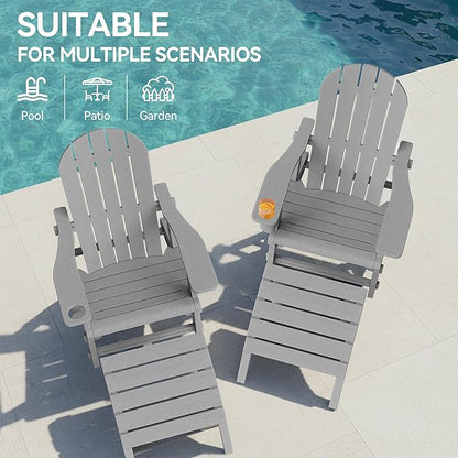 Vongrasig Adirondack Chairs Set of 2 with Removable Tabletop and Footrest, All-Weather HDPE Outdoor Chair Set with Wooden Textured, Cup Holder for Patio, Poolside, Deck, Garden, Light Grey