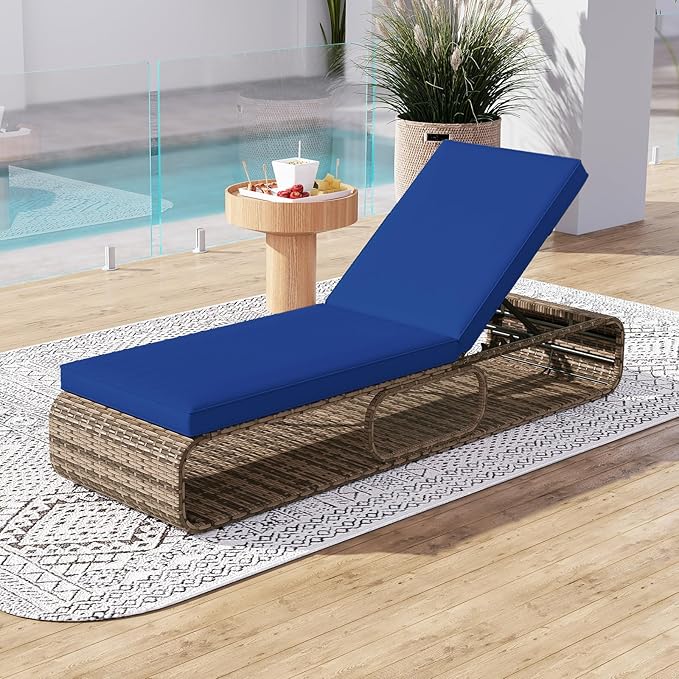 Tangkula Outdoor Chaise Lounge Chair, 7-Position PE Wicker Patio Reclining Sun Lounger with Adjustable Backrest, Cushion and Storage, Pool Sunbathing Recliner for Poolside, Backyard (1, Navy)