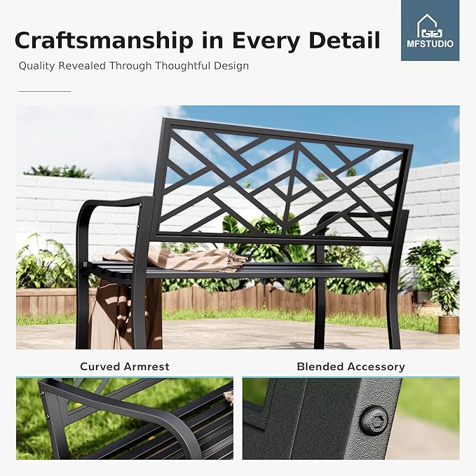 MFSTUDIO Outdoor Metal Bench Set of 2, Garden Patio 43.7 Inches Cast Iron Metal Frame Park Outside Benches with Geometric Pattern Backrest for Front Porch, Black
