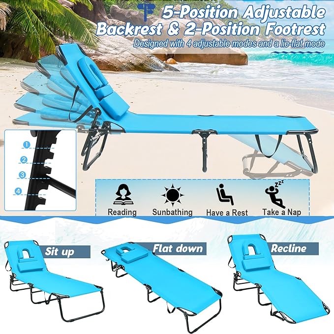 Goplus Tanning Chair, Folding Beach Lounge Chair with Face Hole, Removable Pillow, Carry Strap, Position Adjustable, Sunbathing Chair, Portable Outside Lounge Chair for Patio Pool