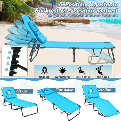 Goplus Tanning Chair, Folding Beach Lounge Chair with Face Hole, Removable Pillow, Carry Strap, Position Adjustable, Sunbathing Chair, Portable Outside Lounge Chair for Patio Pool