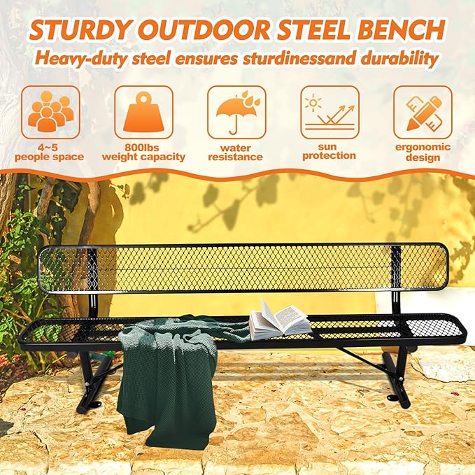 8FT/96INCH Heavy Duty Metal Park Bench for Outside, Outdoor Garden Benches with Backrest & Portable Frame, Expanded Metal Mesh Bench for Shopping Malls, Lawn, Park, Deck, Patio, Porch, Black