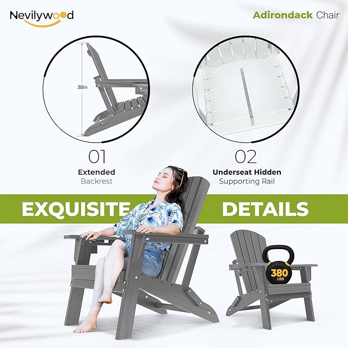 nevilywood HDPE Foldable Fire Pit Chairs Set of 2 with Cup Holders, Durable Faux Wood Look, Perfect for Patio, Backyard & Outdoor Gatherings, Grey