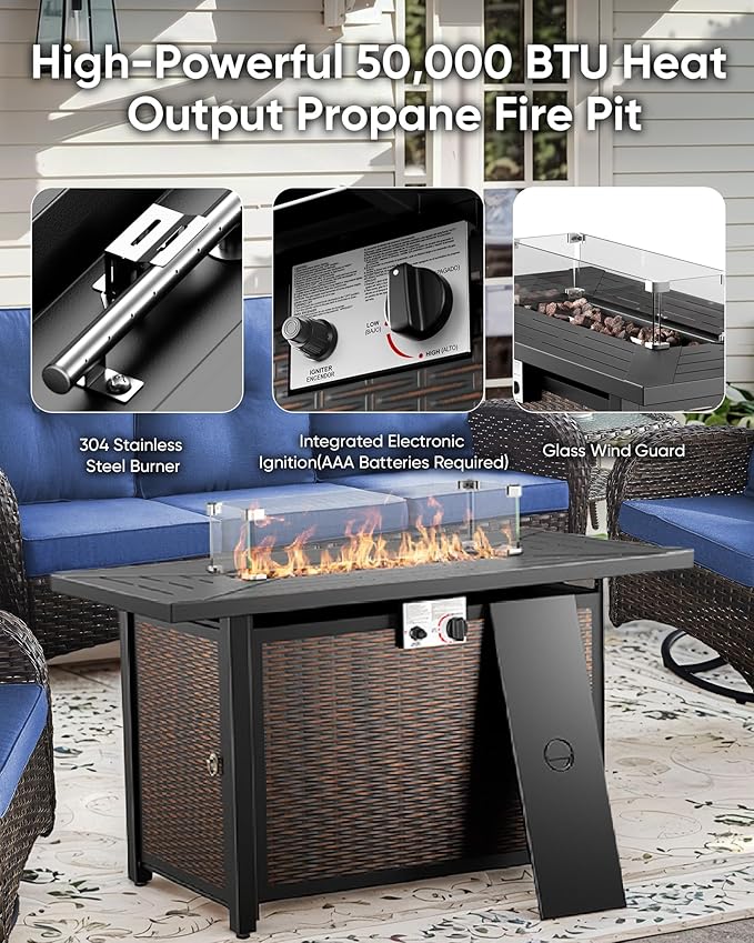 7 Pieces Outdoor Furniture with Fire Pit Deep Seating Outdoor Glider Loveseat with Patio Swivel Chairs Outdoor Furniture Set for Deck Porch Garden Balcony Poolside-Brown/Blue