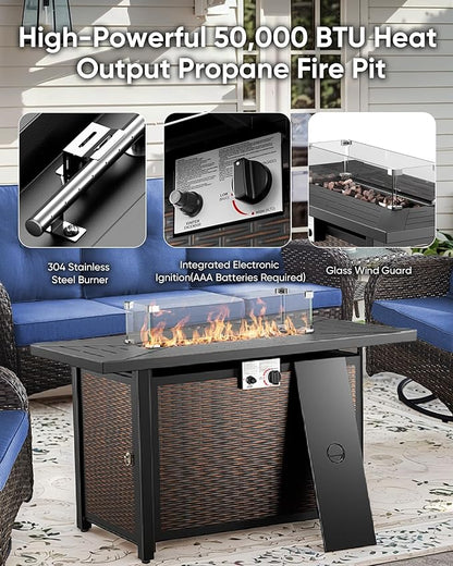 7 Pieces Outdoor Furniture with Fire Pit Deep Seating Wicker Patio Couch with Patio Swivel Chairs Outdoor Furniture Set for Deck Porch Garden Balcony Poolside-Brown/Blue