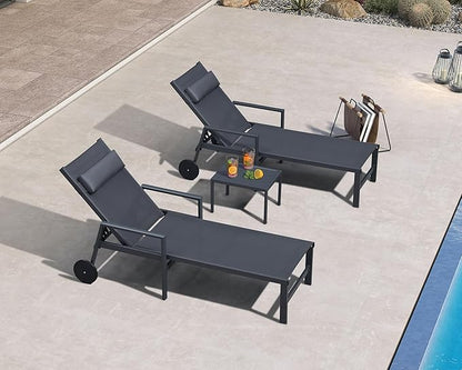 PURPLE LEAF Patio Lounge Chair Set Outdoor Chaise Lounger Aluminum Frame with Armrest 2 Side Table and Wheels for Pool Outside Sunbathing Tanning Recliner Including Pillows Gray