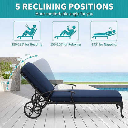 HOMEFUN Chaise Lounge Chair Outdoor - Poolside Chairs Set of 2 with Cushion Cast Aluminum Waterproof Lounger with Wheels and Adjustable Reclining, Pack of 2 (Navy Blue Cushion)
