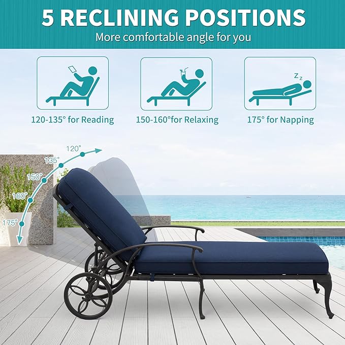 HOMEFUN Outdoor Chaise Lounge Chair with Cushion - Poolside Set of 1 Chair for Outside Cast Aluminum Waterproof Lounger with Wheels and Adjustable Reclining (Navy Blue Cushion)