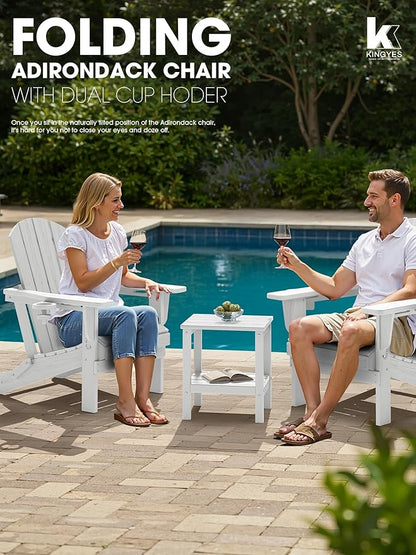KINGYES Folding Adirondack Chair with Dual Cup Holders - HDPE All-Weather Outdoor Chairs, Wood-Like Patio Chair for Backyard, Camping, Pool & Fire Pit, White