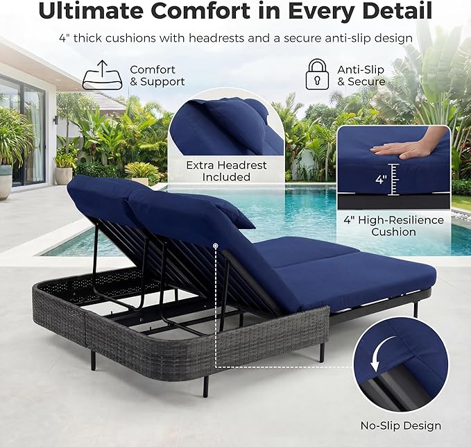 BULEXYARD 51.2" Double Chaise Lounge Outdoor, 2-Person PE Wicker Patio Daybed with Dual 5-Position Adjustable Backrest - Photo 6