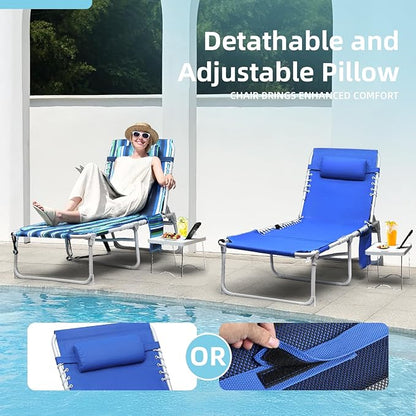 3-in-1 Sun Tanning Chair with Face Holes, Breathable Chaise Lounge Chair Outdoor, 5-Position Recliner, Lay Flat, Folding Side Table, Removable Pillow, Max 330lbs, Beach, Patio, Camping, Blue
