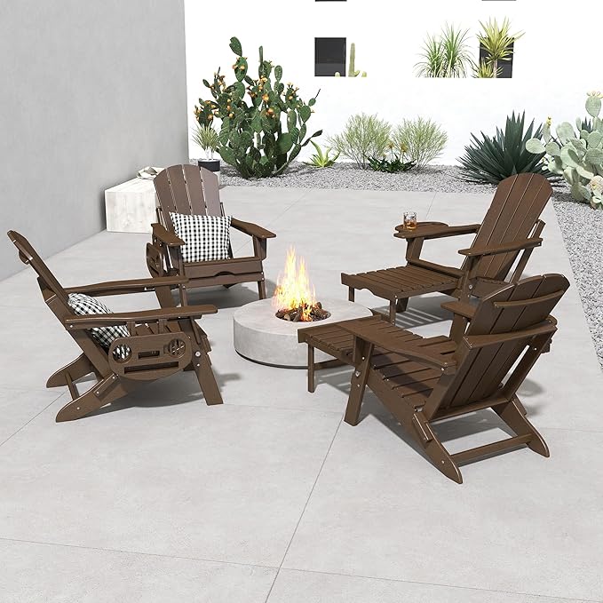 FOOWIN Adirondack Chair with Retractable Ottoman,HDPE Folding Adjustable Adirondack Chair w/4 in 1 Cup Holder Trays,All-Weather Resistant Fire Pit Chair for Outdoor Patio Lawn Set of 8