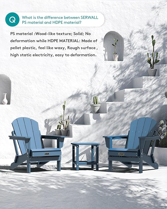 SERWALL Folding Adirondack Chairs Weather Resistant for Outdoor, Patio, Lawn, Garden, Backyard Deck, Fire Pit - Blue