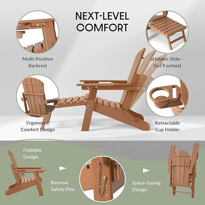 WestinTrends Malibu Folding Adjustable Adirondack Chair with Retractable Ottoman and Cup Holder (Set of 2), Teak